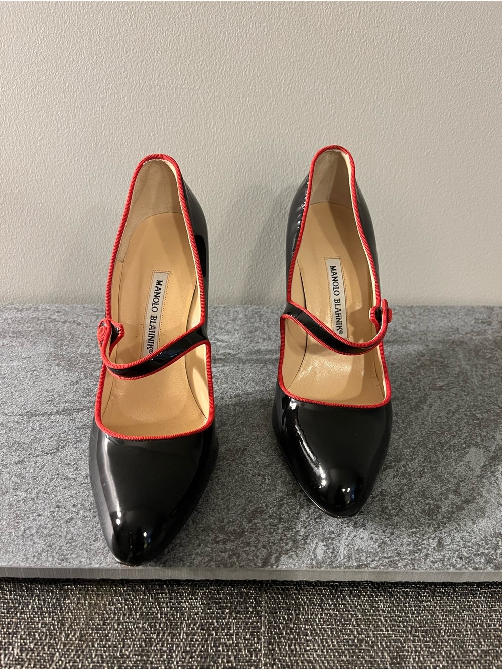 Manolo Blahnik Black Patent Mary Jane Pumps with Red Piping